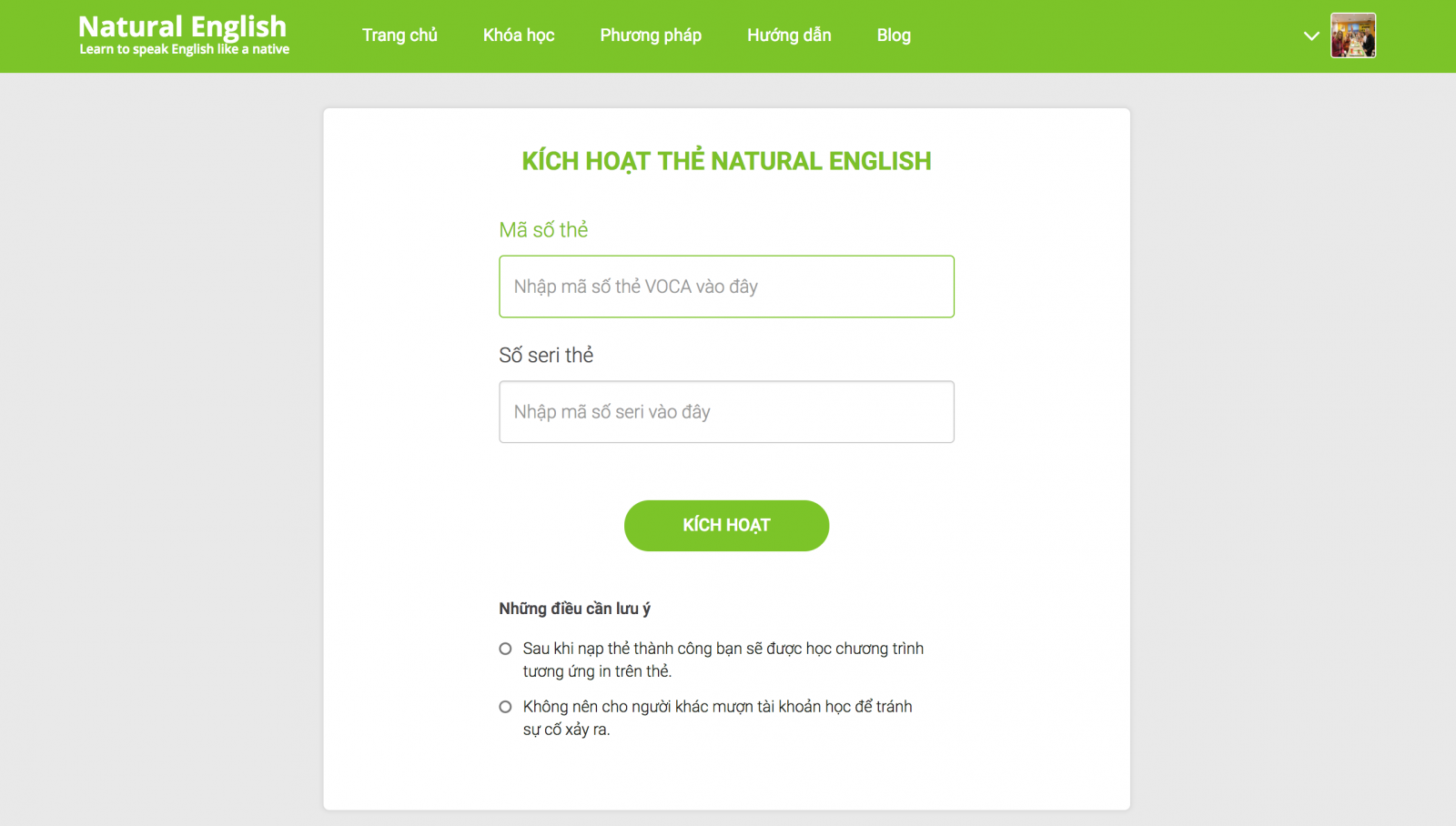 Kích hoạt thẻ Natural English System